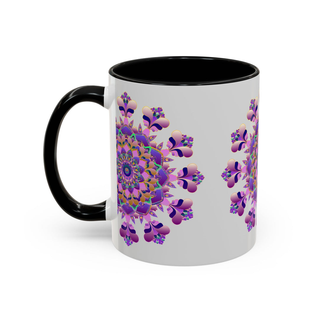 A close-up photo of a ceramic mandala mug with a vibrant purple and pink floral design, perfect for sipping your favorite hot beverage in style