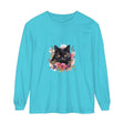 Black Cat Floral Watercolor Long Sleeve T-Shirt with vibrant watercolor floral design and cute black cat graphic
