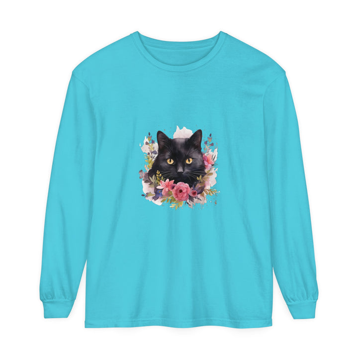 Black Cat Floral Watercolor Long Sleeve T-Shirt with vibrant watercolor floral design and cute black cat graphic