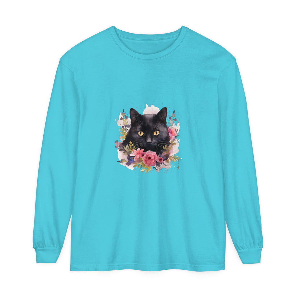 Black Cat Floral Watercolor Long Sleeve T-Shirt with vibrant watercolor floral design and cute black cat graphic