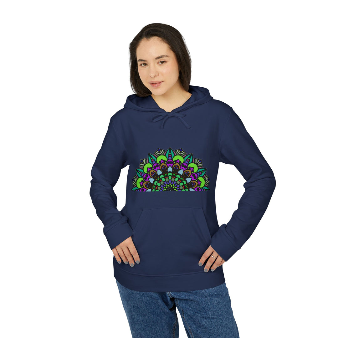 Colorful and intricate psychedelic mandala design on Adidas Fleece Hoodie