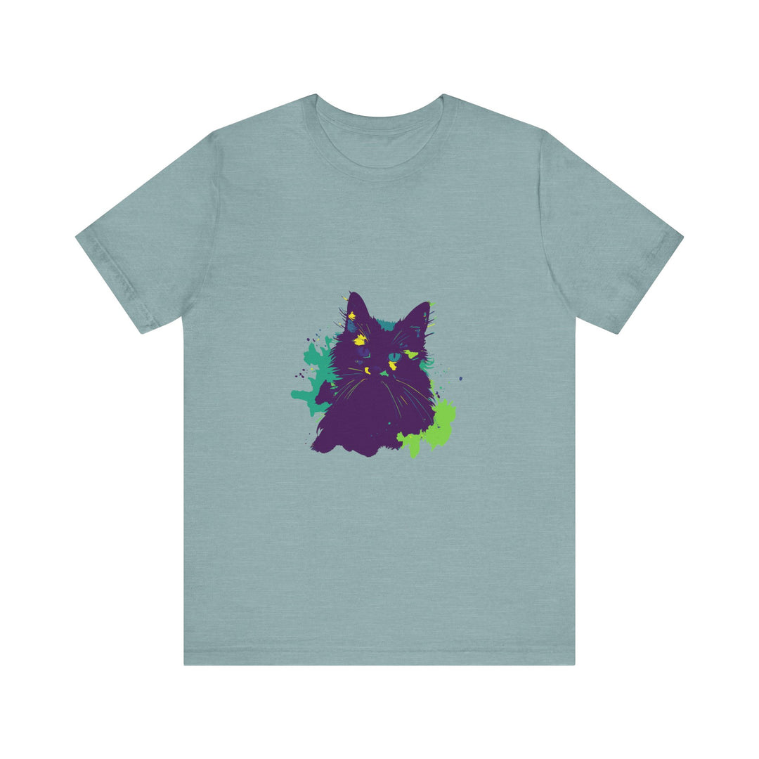 Abstract purple cat design t-shirt, perfect for mystery and cat lovers