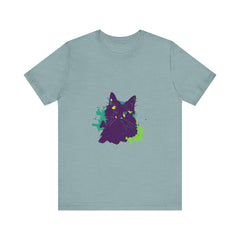 Abstract purple cat design t-shirt, perfect for mystery and cat lovers