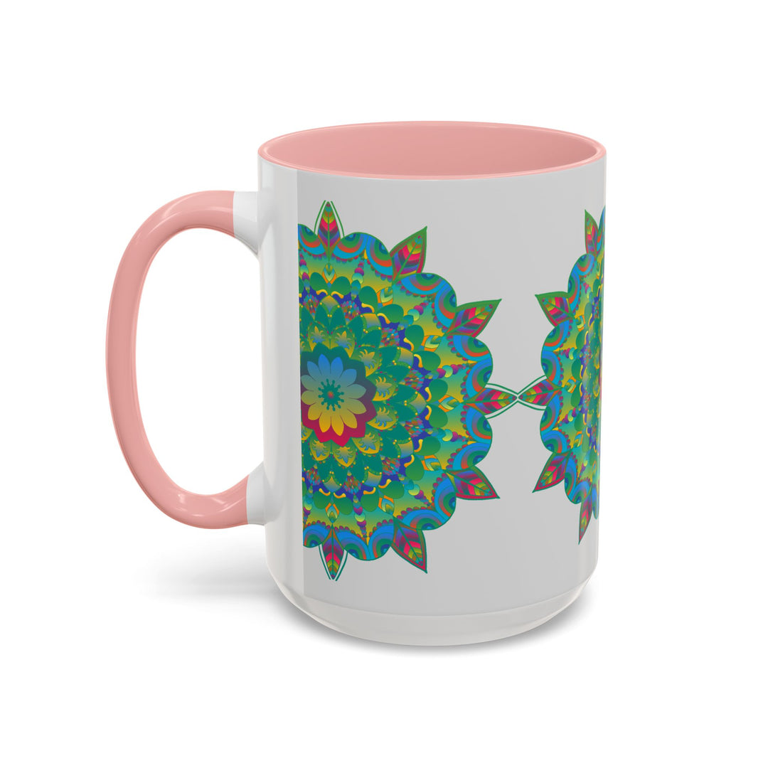 A vibrant and detailed mandala art mug featuring a colorful floral design