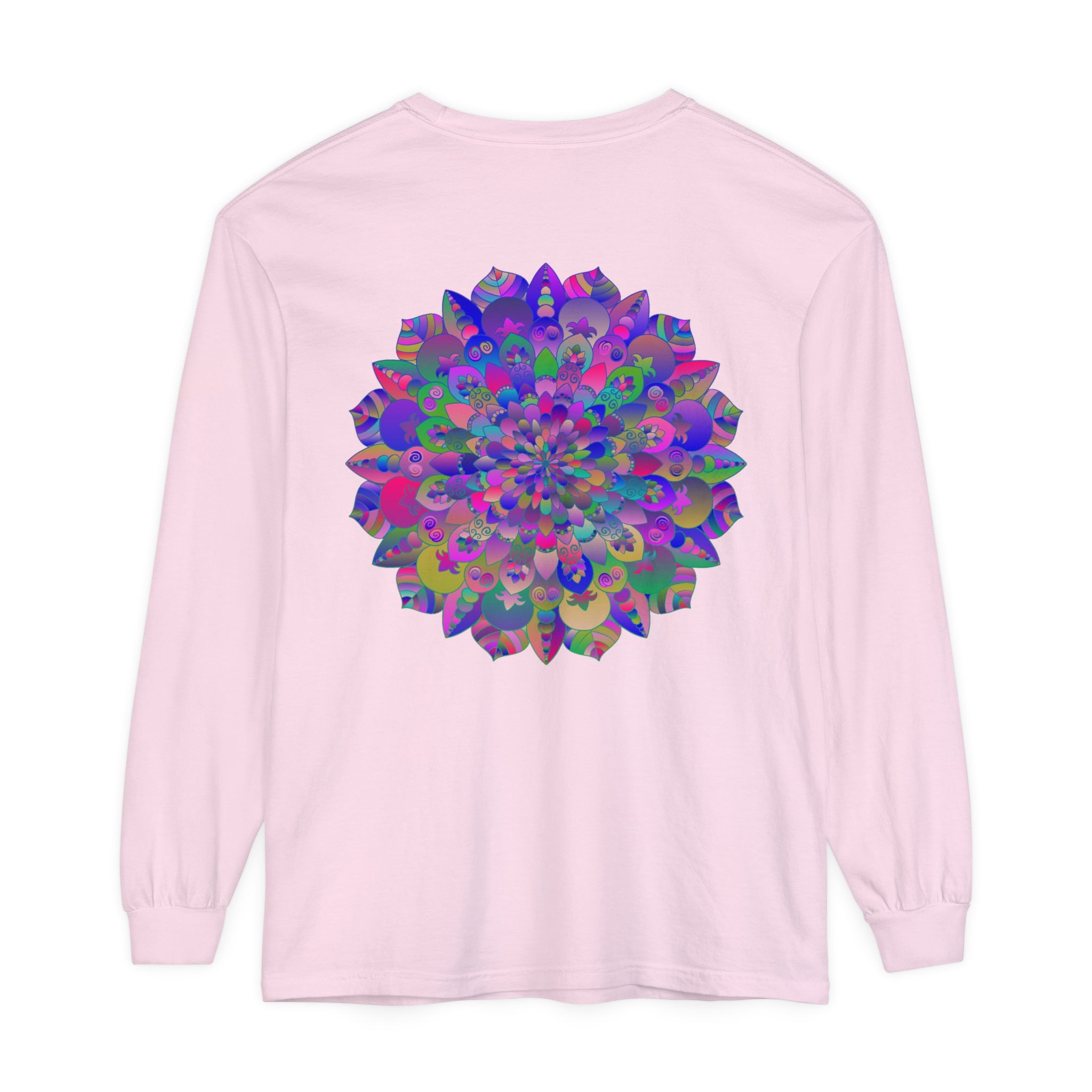 Colorful and intricate mandala design long sleeve t-shirt in vibrant hues