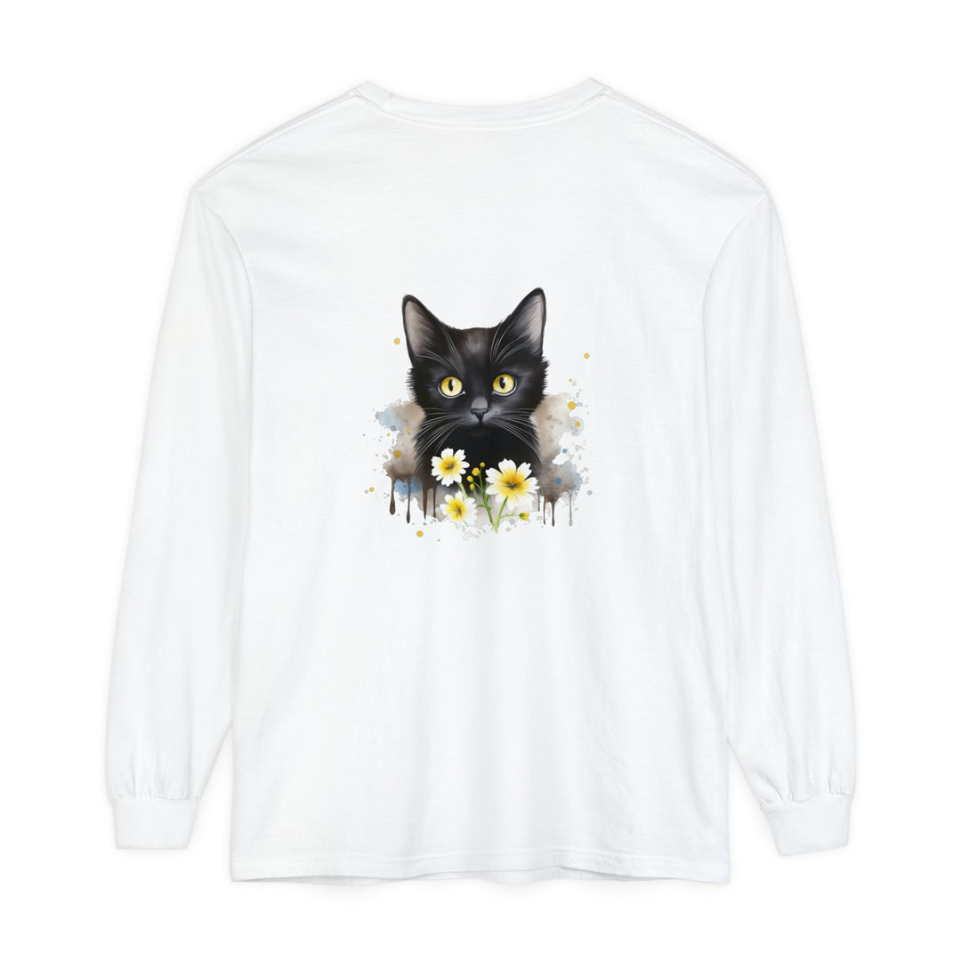 Beautiful black cat watercolor floral unisex t-shirt with vibrant colors and intricate design