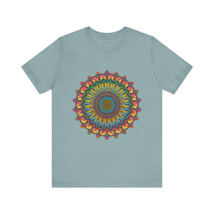 A close-up image of a vibrant colored intricate mandala meditation tee, perfect for stylish and comfortable meditation practice