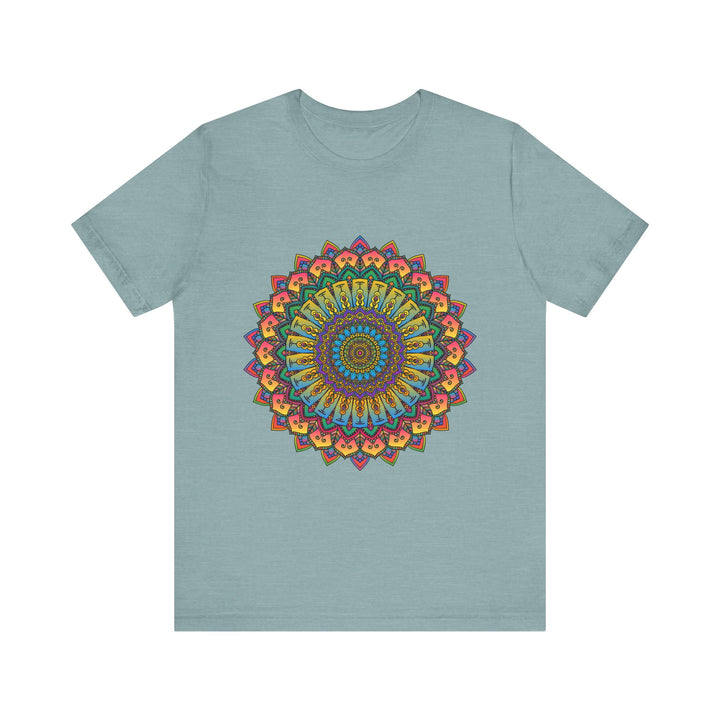 A close-up image of a vibrant colored intricate mandala meditation tee, perfect for stylish and comfortable meditation practice