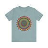 A close-up image of a vibrant colored intricate mandala meditation tee, perfect for stylish and comfortable meditation practice