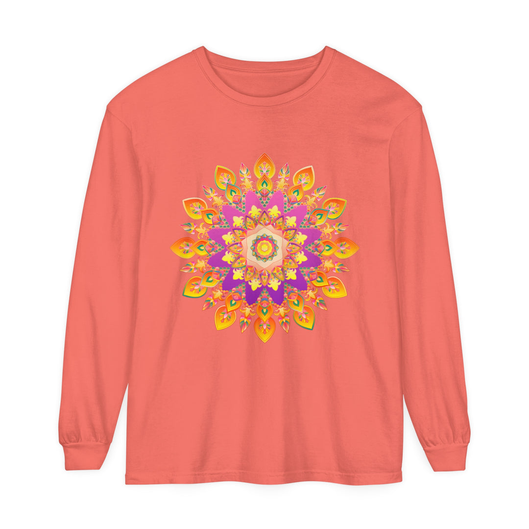 Detailed mandala design on a unisex long sleeve shirt in vibrant colors