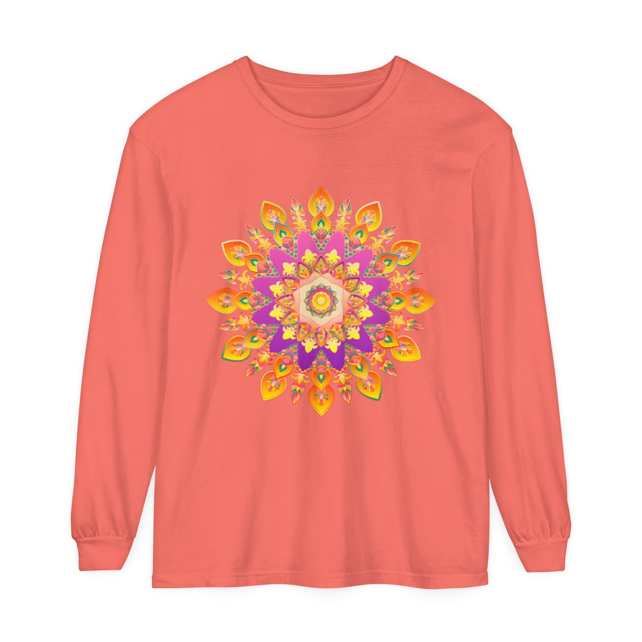 Detailed mandala design on a unisex long sleeve shirt in vibrant colors