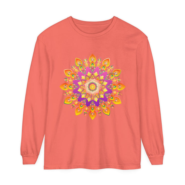 Detailed mandala design on a unisex long sleeve shirt in vibrant colors