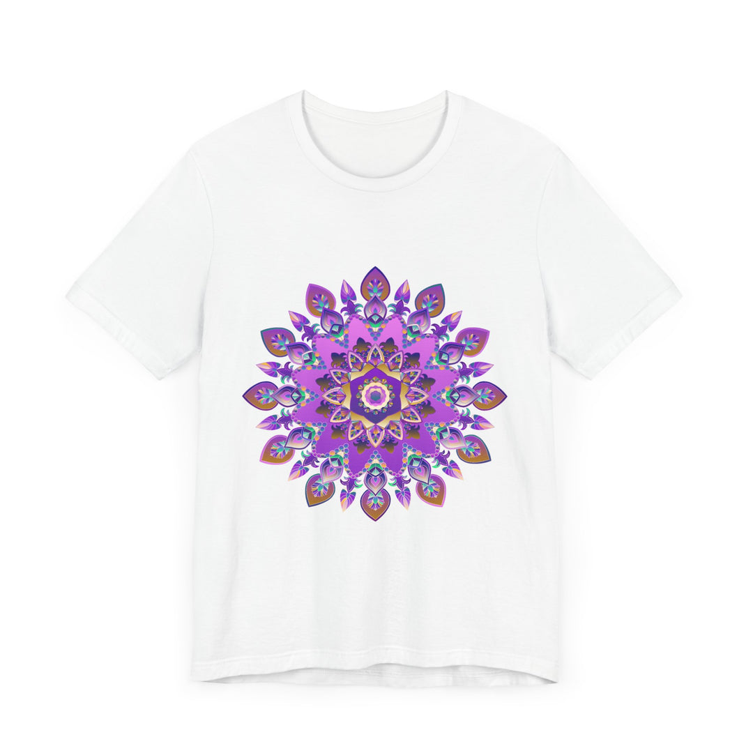 Close-up of a purple and gold mandala design tee, featuring intricate spiritual art patterns and symbols