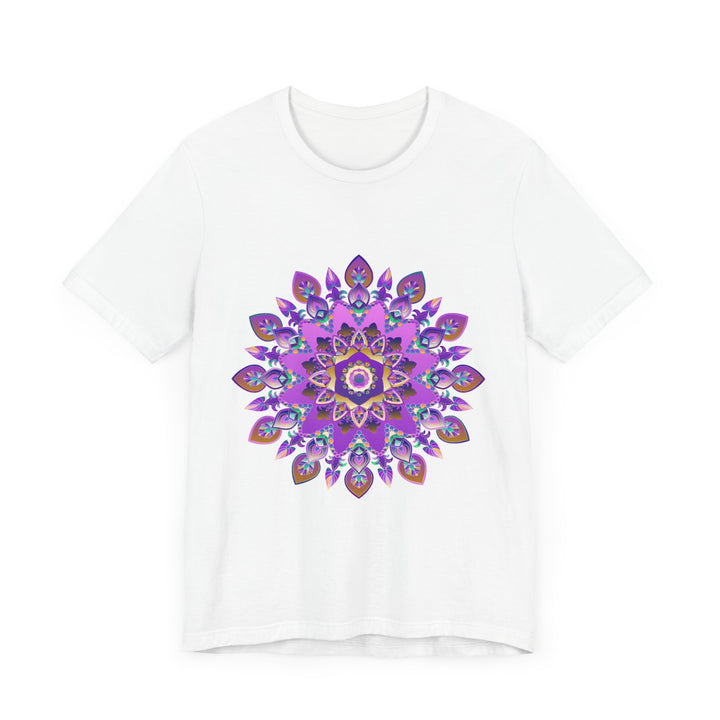 Close-up of a purple and gold mandala design tee, featuring intricate spiritual art patterns and symbols