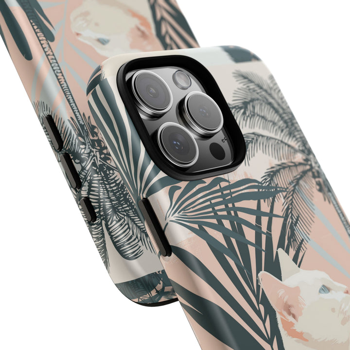 Tropische Katzen-Telefonhülle mit üppigen Palmenmotiven und sanften Pastelltönen