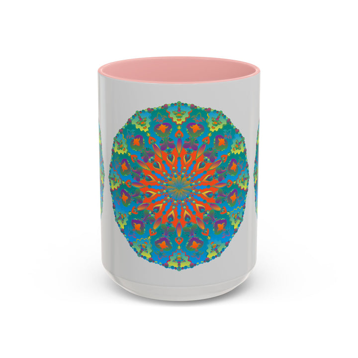 Beautiful ceramic mug featuring an intricate mandala design in shades of blue and green