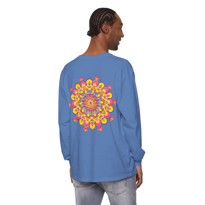 Colorful and intricate mandala design printed on a unisex, long sleeve t-shirt