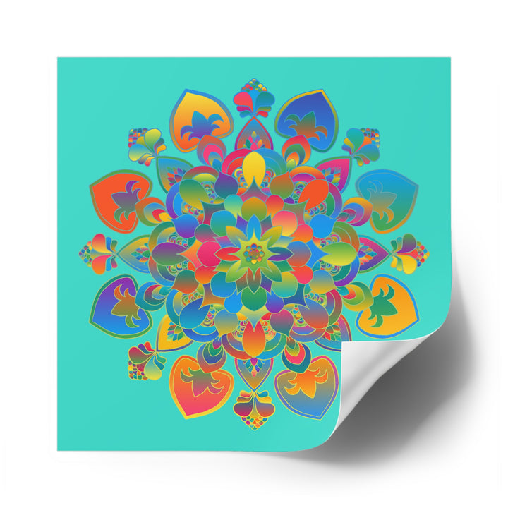 Hand-Drawn Mandala Laminate Stickers – Gold, Red, and Green on Turquoise