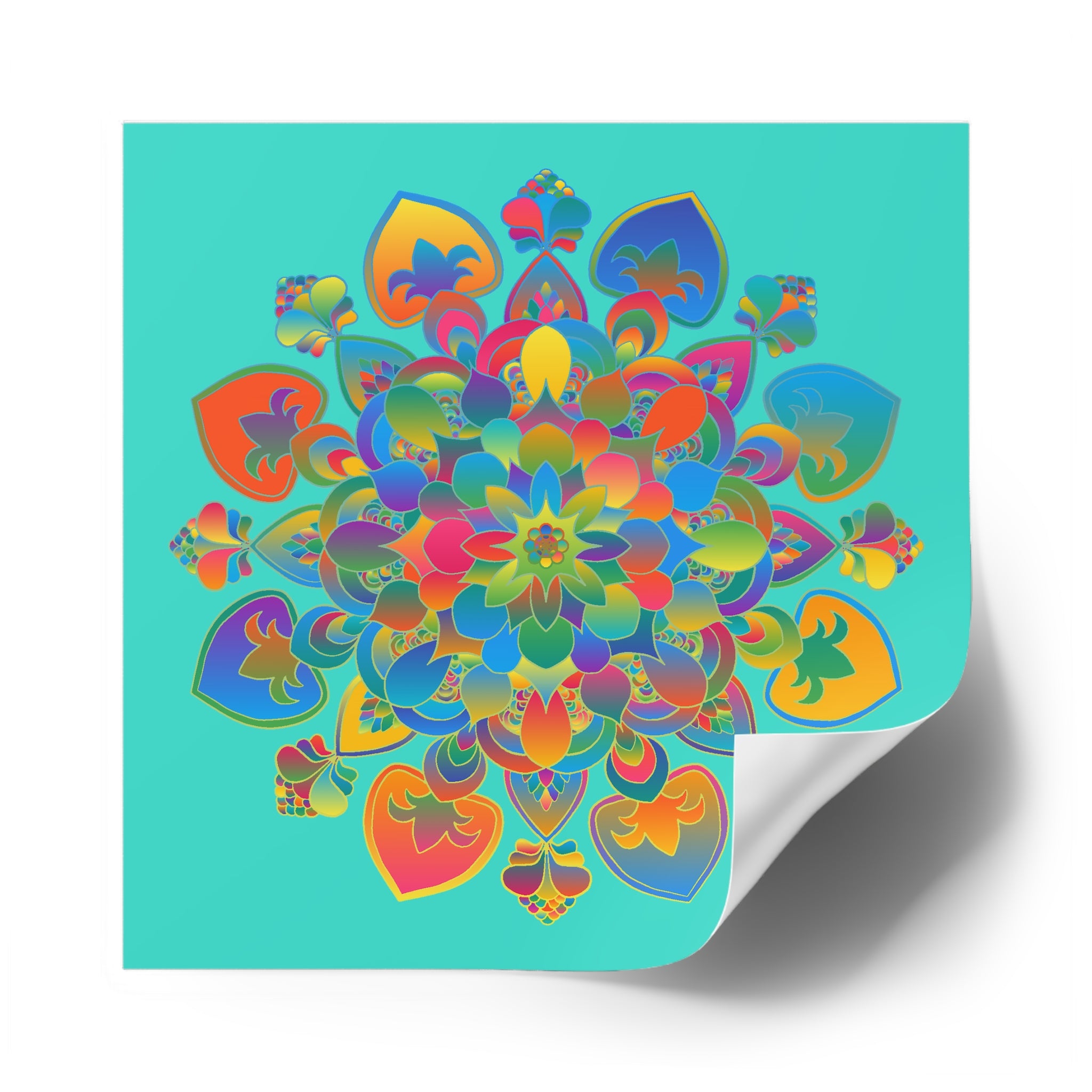 Handgezeichnete Mandala-Laminieraufkleber – Gold, Rot und Grün auf Türkis