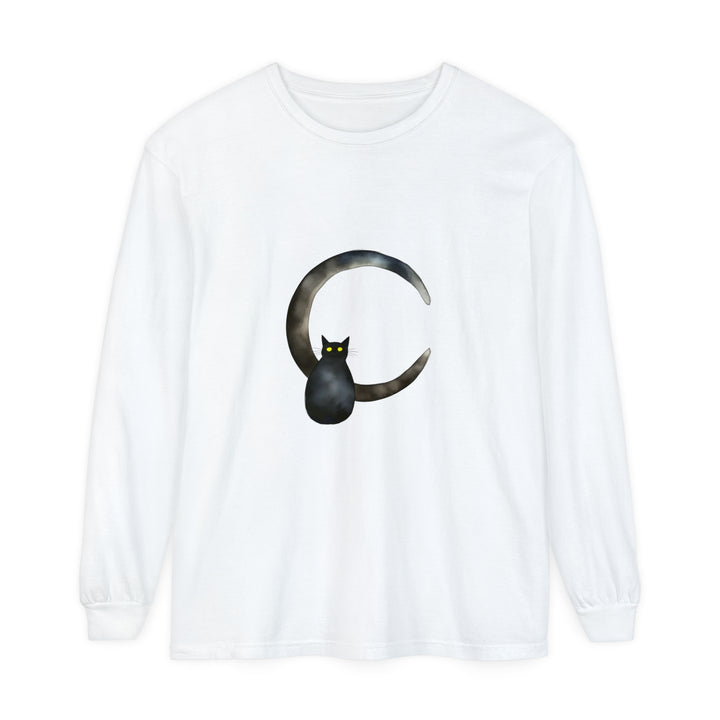 A black cat with glowing eyes sitting on a crescent moon, printed on a stylish t-shirt