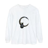 A black cat with glowing eyes sitting on a crescent moon, printed on a stylish t-shirt