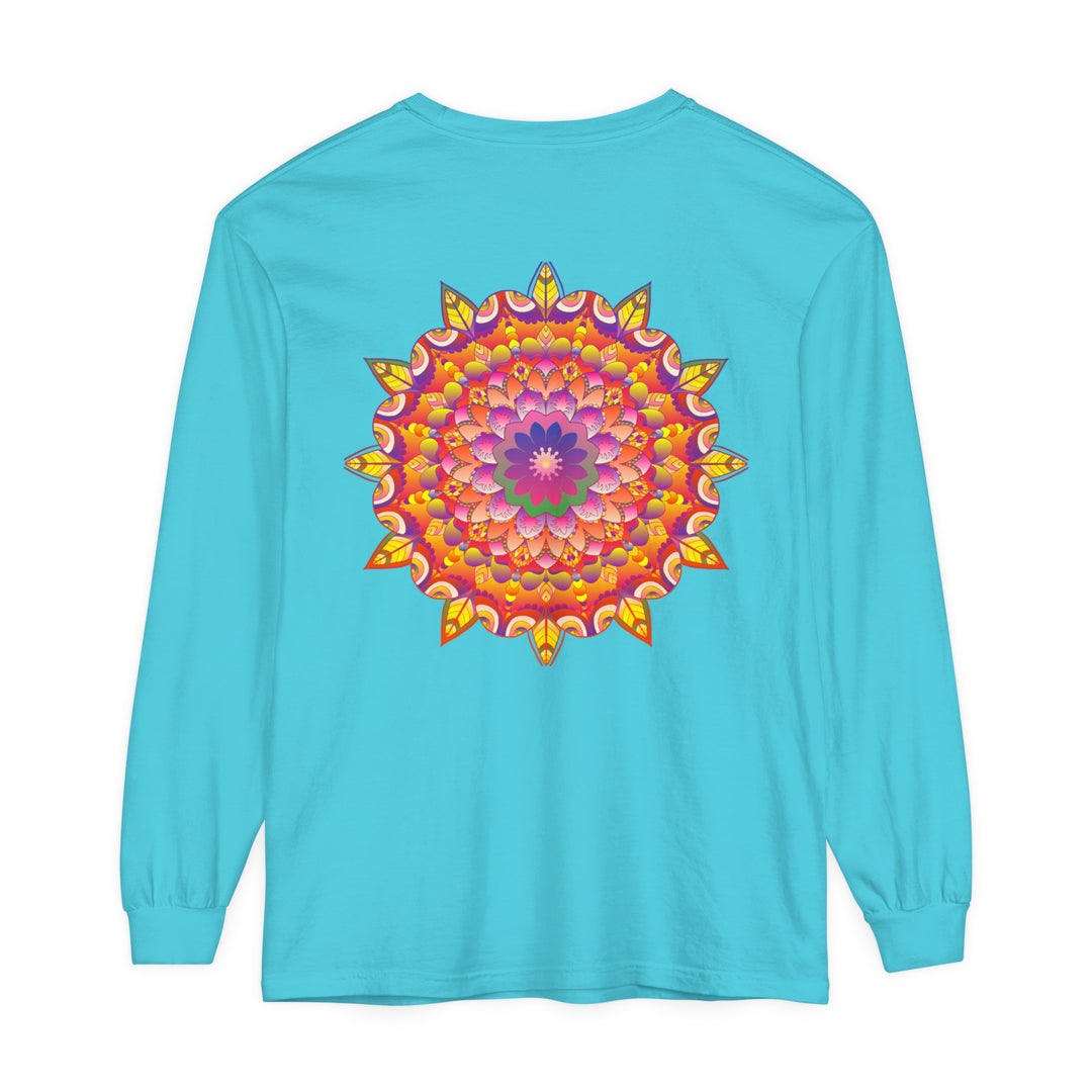 Colorful and intricate mandala design on a unisex long sleeve t-shirt