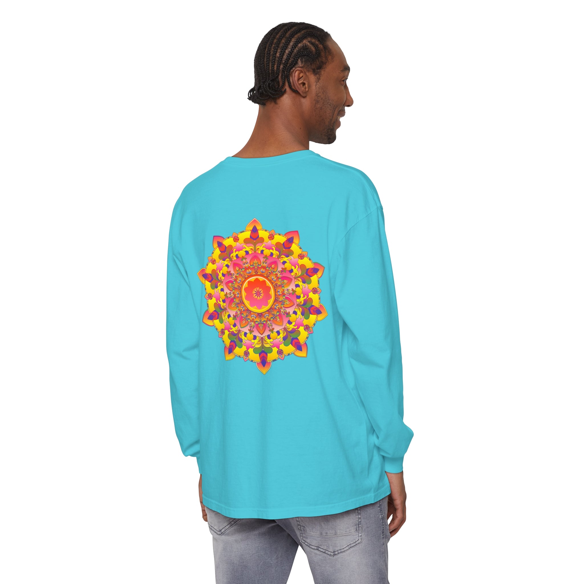 Colorful and intricate mandala design on a unisex long sleeve t-shirt