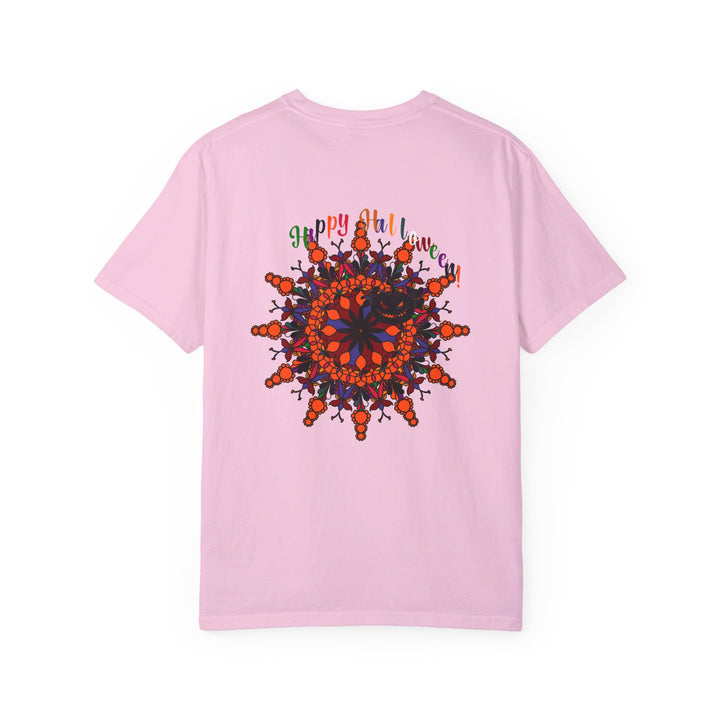 Handmade unisex Halloween T-shirt with pumpkin mandala design on garment-dyed tee