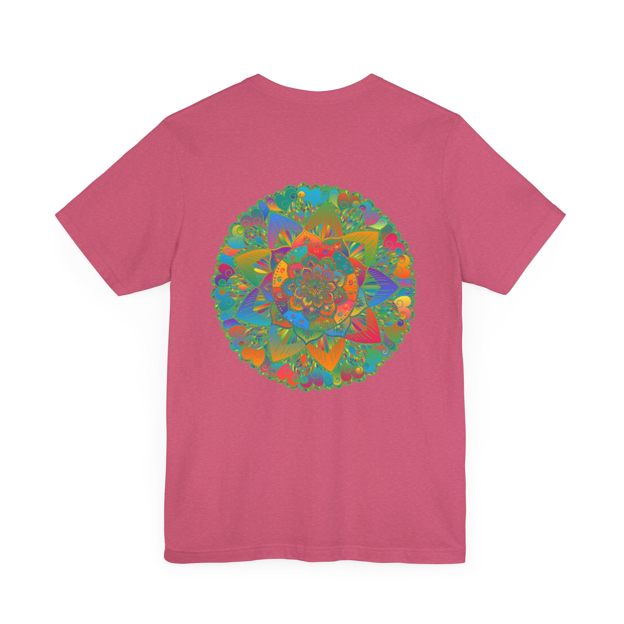 A close-up image of a vibrant mandala t-shirt with intricate spiritual patterns, symbolizing peace and harmony