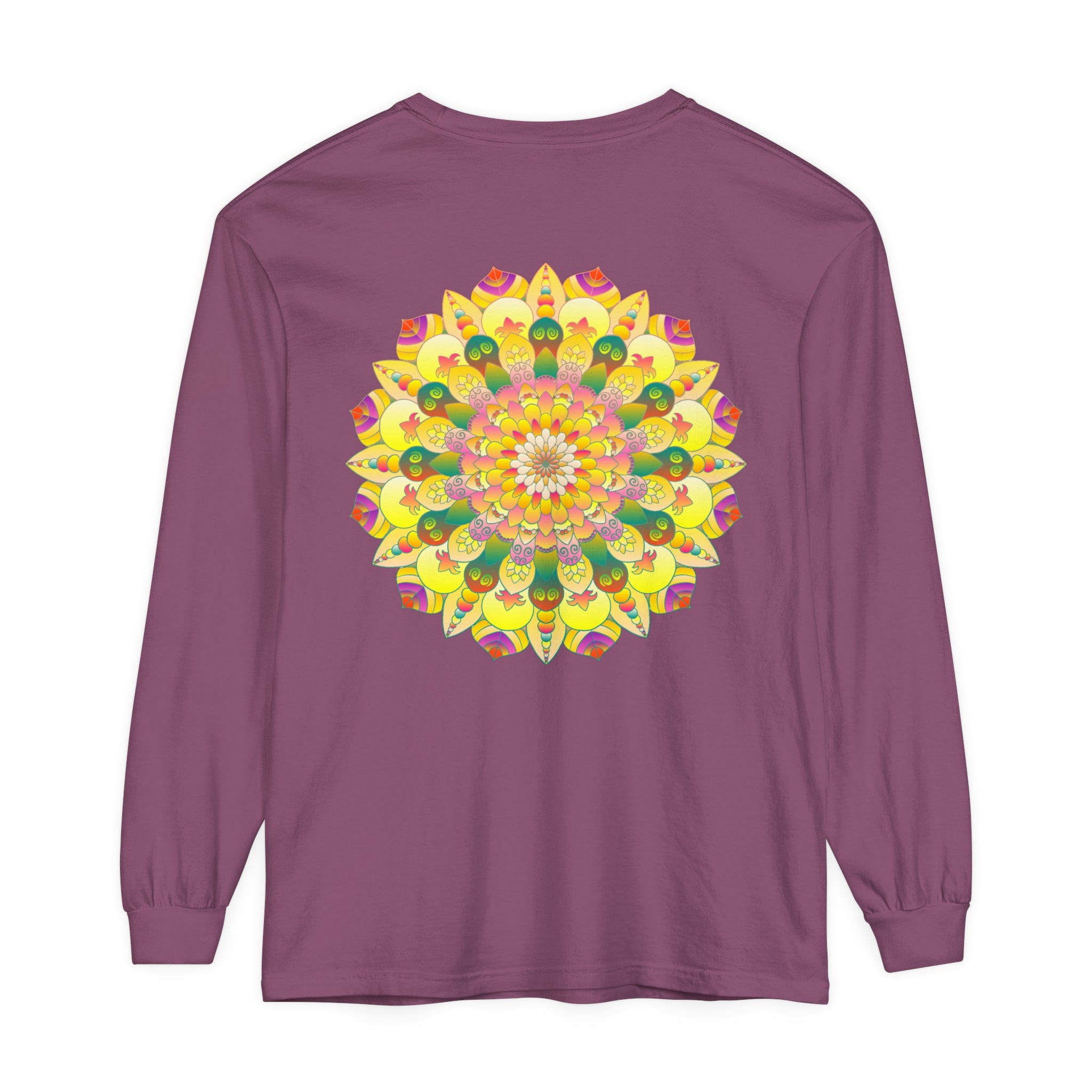 Colorful and intricate mandala design featured on unisex long sleeve t-shirt