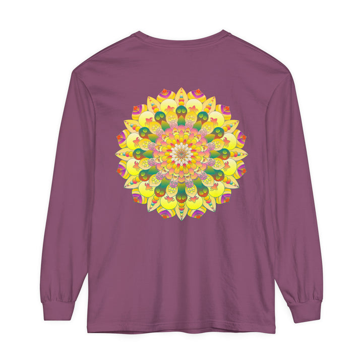 Colorful and intricate mandala design featured on unisex long sleeve t-shirt