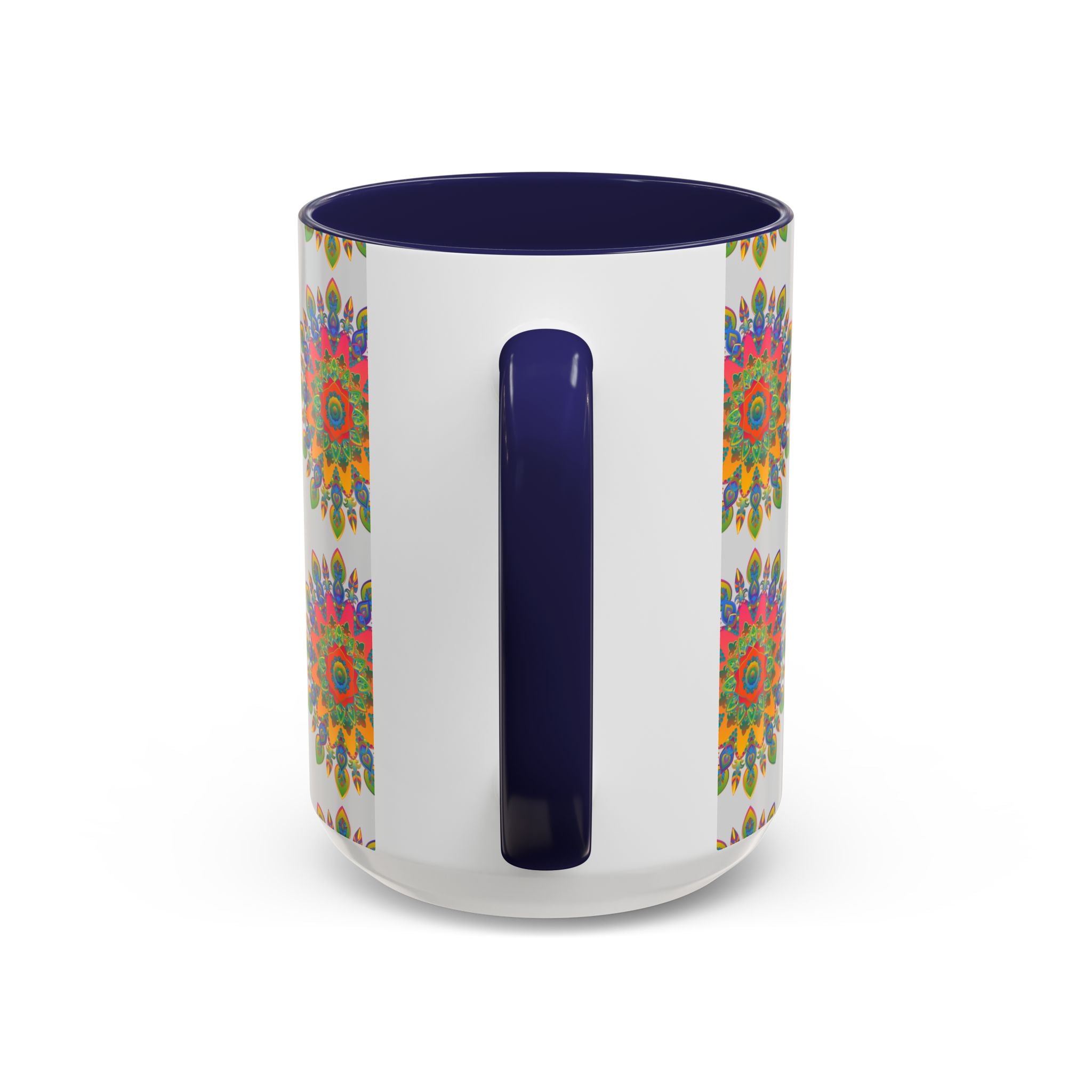 Eye-catching mandala artwork in various colors on a grey ceramic mug