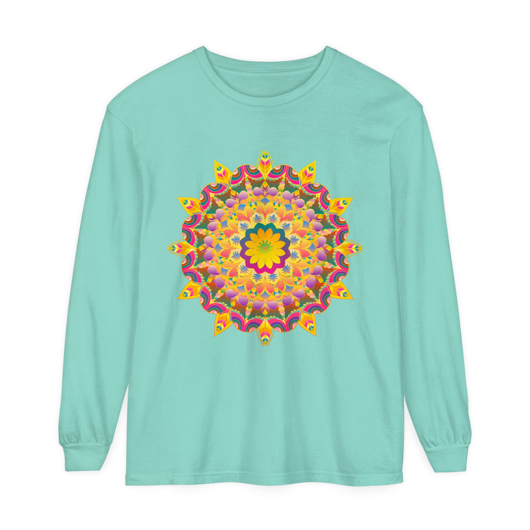 Colorful and intricate psychedelic mandala design on long sleeve t-shirt