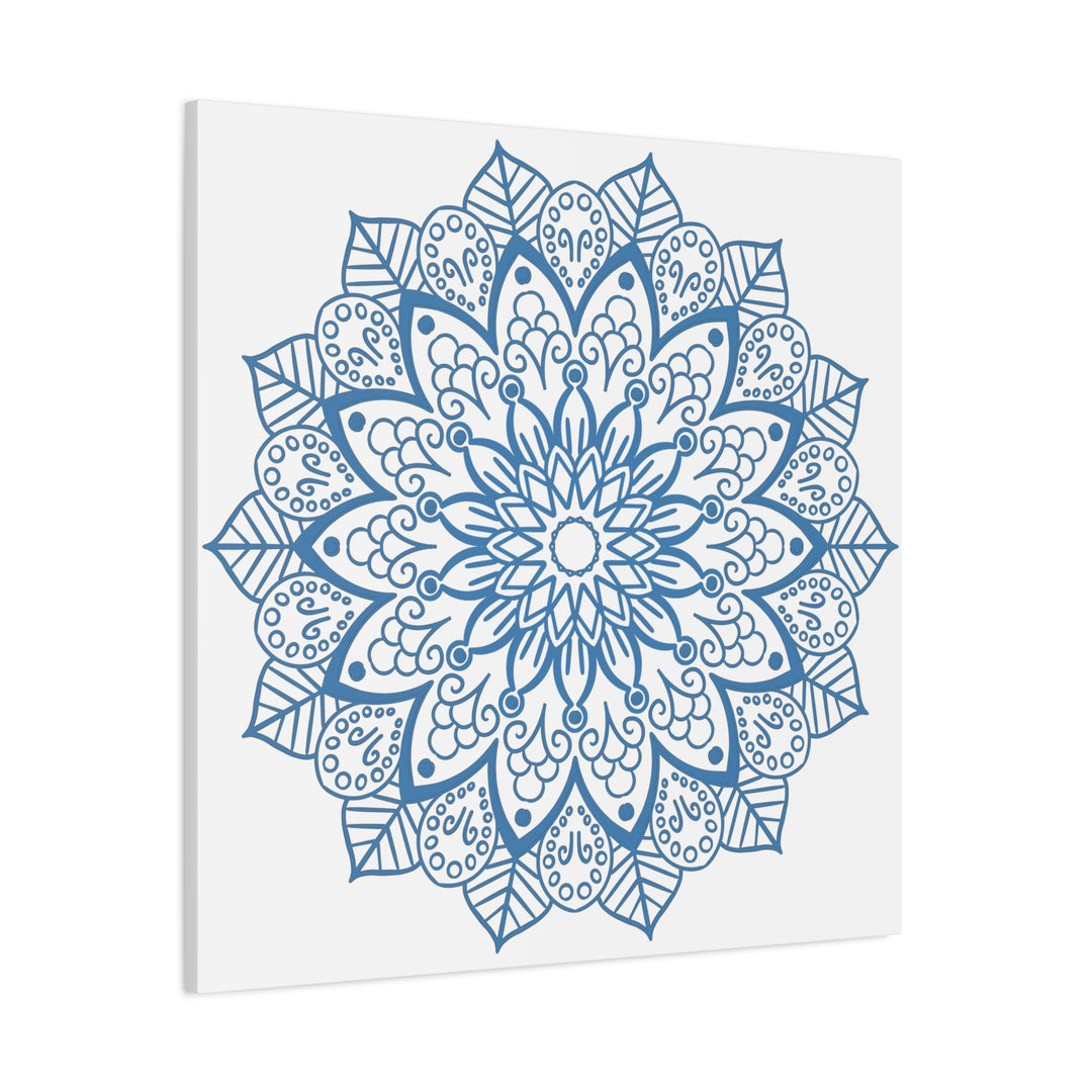 Beautiful handmade mandala wall art featuring a steel blue design on matte canvas, stretched and 125 inches thick