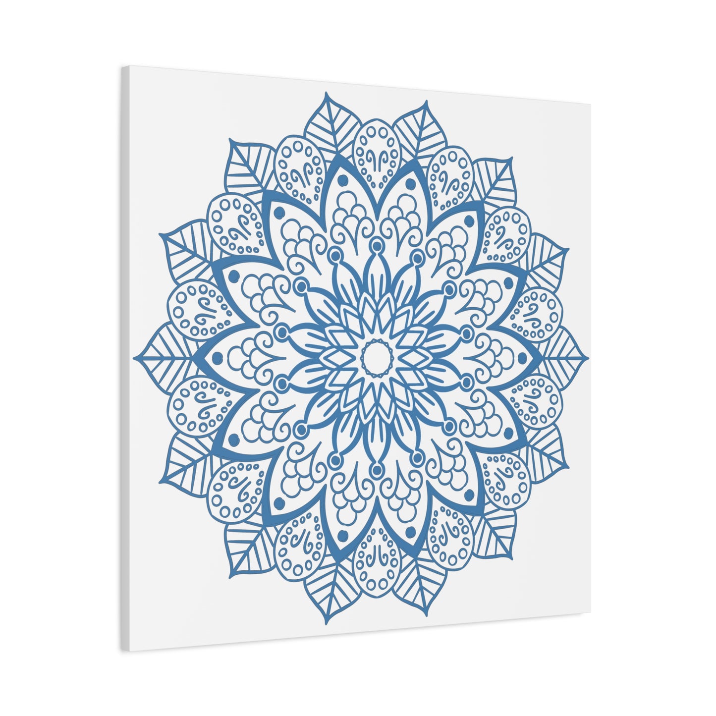 Beautiful handmade mandala wall art featuring a steel blue design on matte canvas, stretched and 125 inches thick