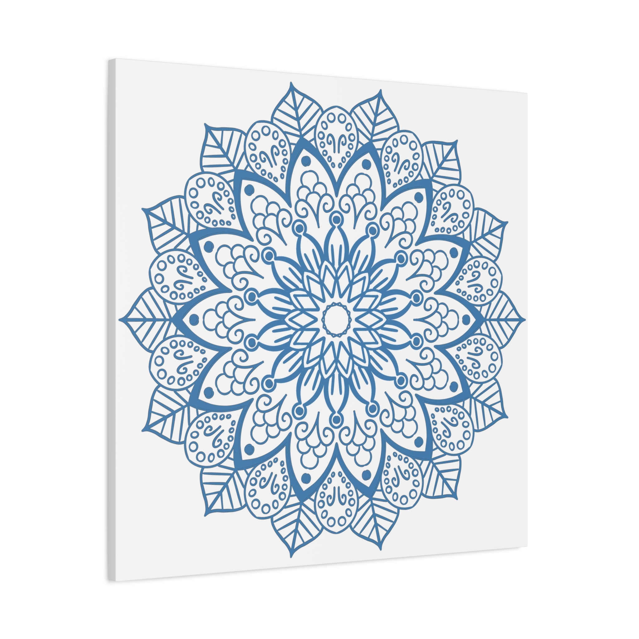 Beautiful handmade mandala wall art featuring a steel blue design on matte canvas, stretched and 125 inches thick