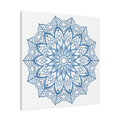 Beautiful handmade mandala wall art featuring a steel blue design on matte canvas, stretched and 125 inches thick