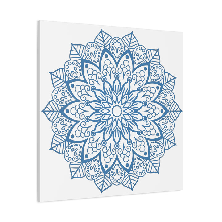 Beautiful handmade mandala wall art featuring a steel blue design on matte canvas, stretched and 125 inches thick