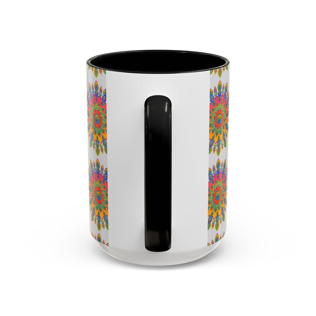 Colorful mandala mug with vibrant and intricate design on grey background