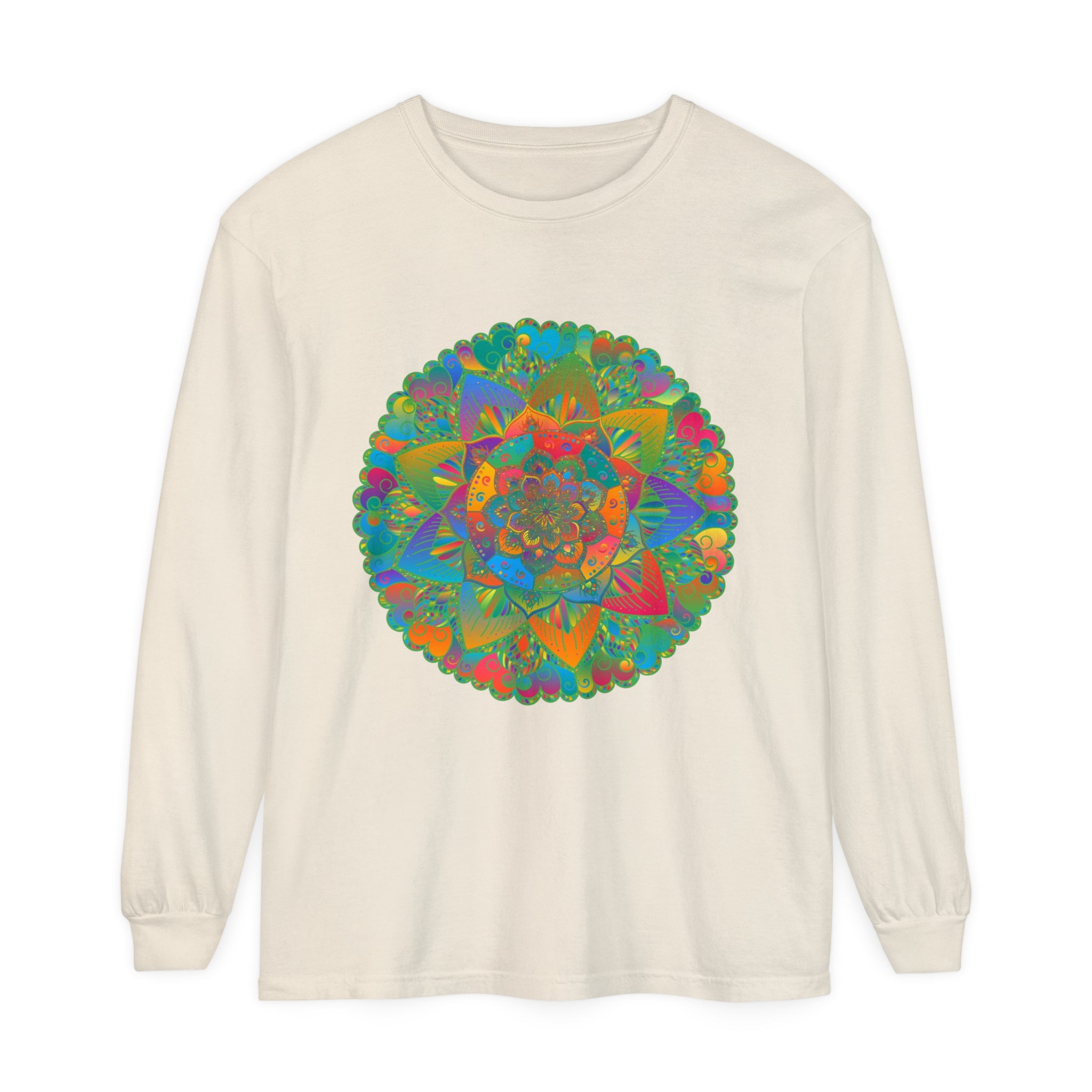 Vibrant Mandala Unisex Long Sleeve T-Shirt featuring intricate, colorful mandala design