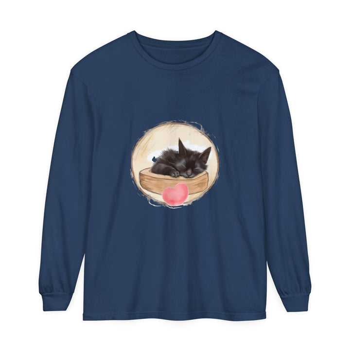 A cute, grey kitten peacefully sleeping on a bed, printed on a comfortable unisex T-shirt for bedtime wear