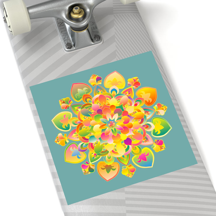 Hand-Drawn Mandala Laminate Stickers – Gold, Red, and Green on Grayish teal