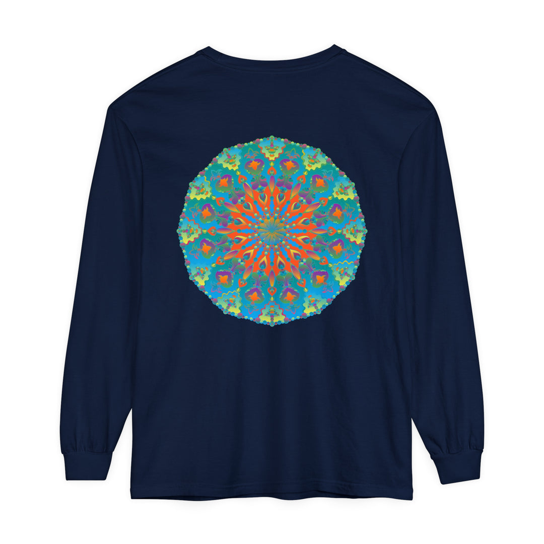 Colorful long sleeve t-shirt featuring a vibrant rainbow mandala design