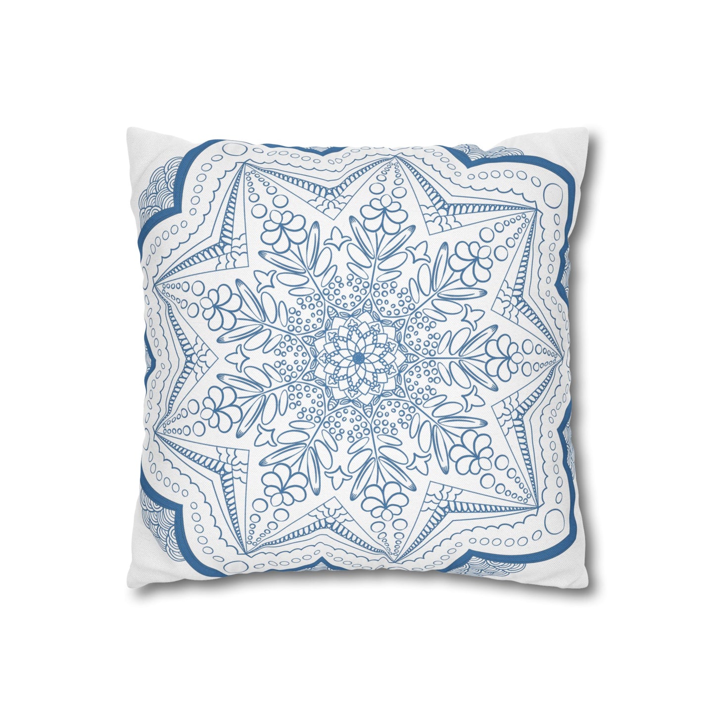 Spun polyester square pillowcase featuring original hand-drawn mandala art in steel blue on a white background