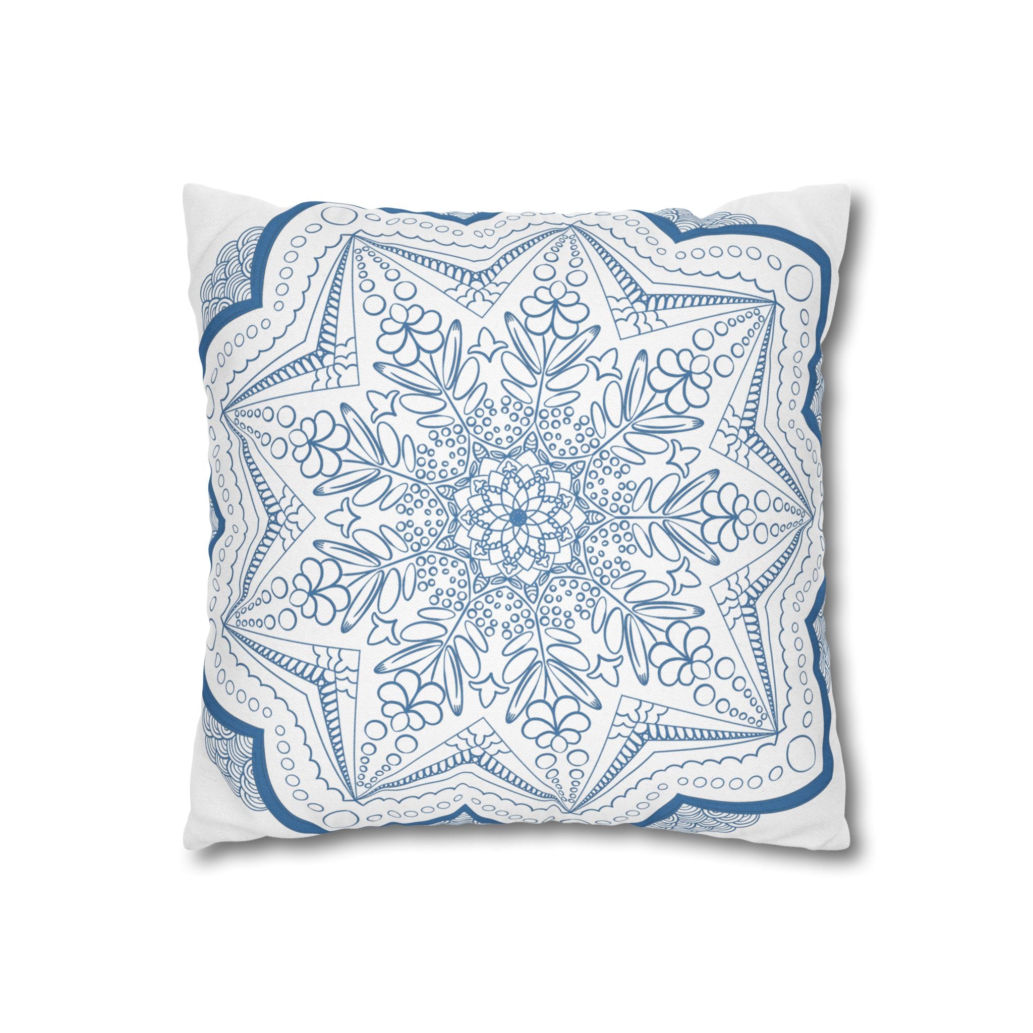 Spun polyester square pillowcase featuring original hand-drawn mandala art in steel blue on a white background