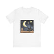 Sleepy Cat Moonlit Night T-Shirt featuring a black cat sleeping under the moon and stars on a cozy, soft cotton shirt