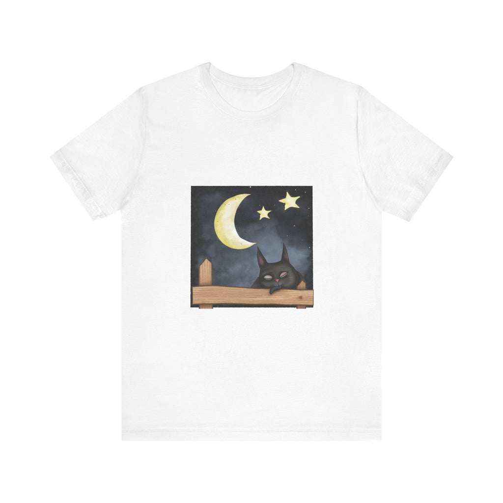 Sleepy Cat Moonlit Night T-Shirt featuring a black cat sleeping under the moon and stars on a cozy, soft cotton shirt