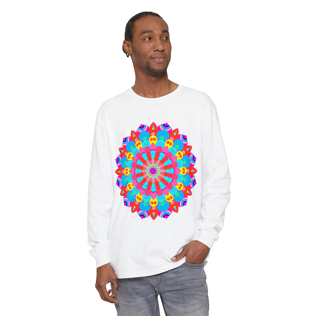 Vibrant and intricate mandala design on a unisex long sleeve t-shirt