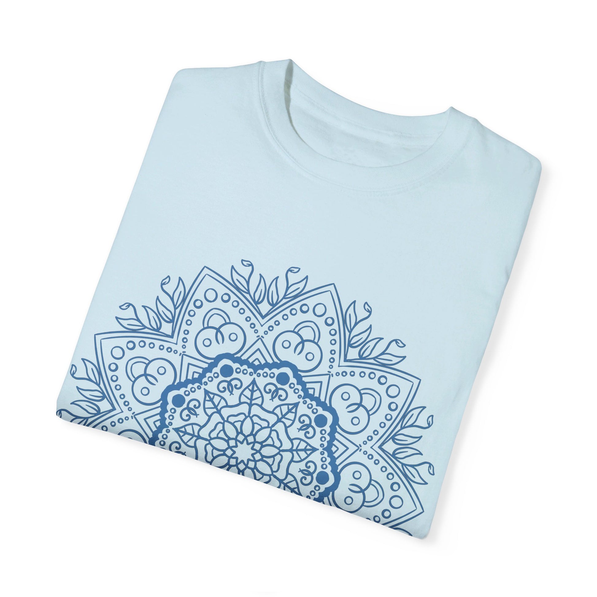 Handmade unisex Mandala T-shirt featuring a unique hand-drawn design and garment-dyed for a one-of-a-kind look