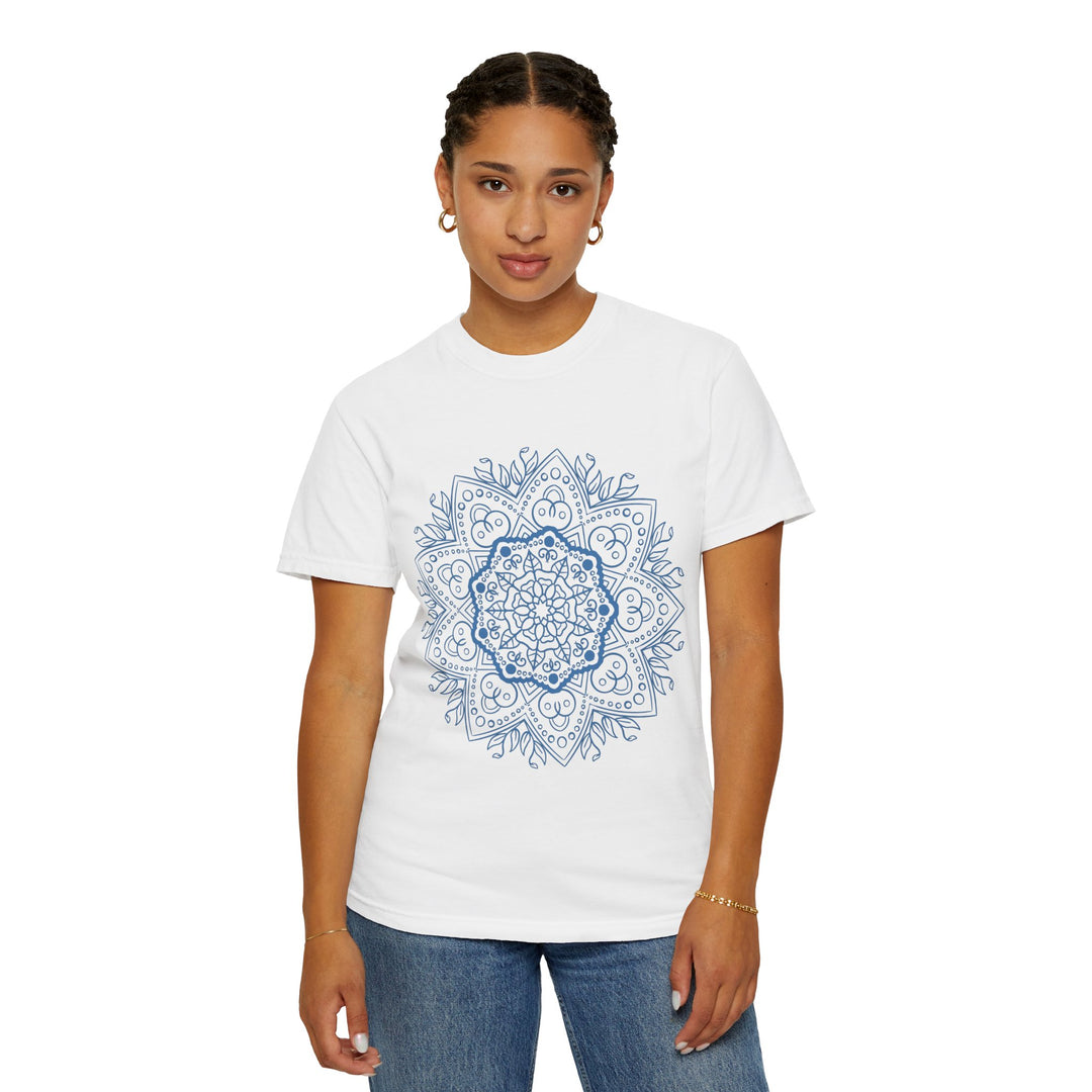 Handmade Mandala Art Tshirt - Unisex Garment-Dyed Tee with intricate hand-drawn mandala design on high-quality cotton fabric